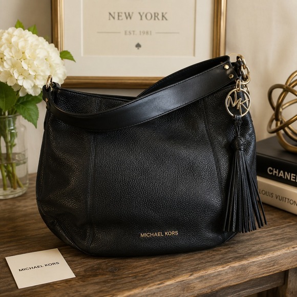Michael Kors Handbags - Michael Kors Black Pebbled Leather Hobo Shoulder Bag Tassel Charm Large Purse
